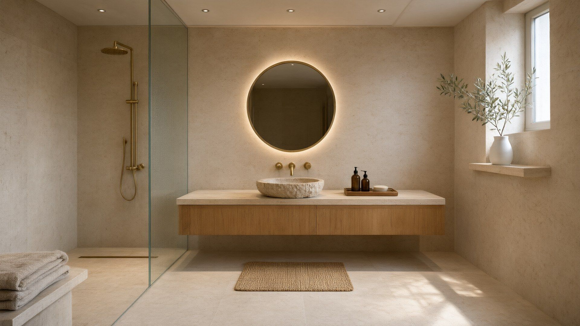Recreación ilustrativa con IA: baño de travertino con lavabo de piedra