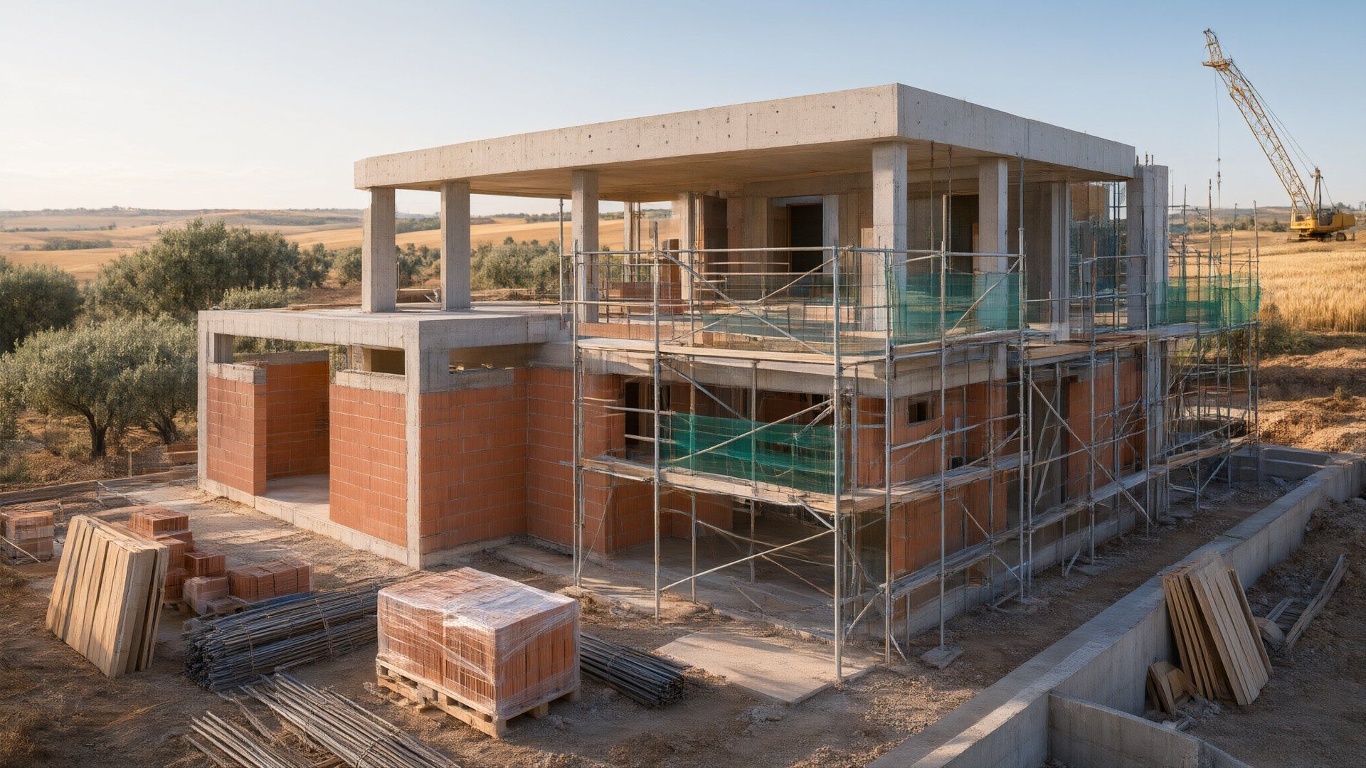 Recreación ilustrativa con IA: estructura de un chalet en construcción